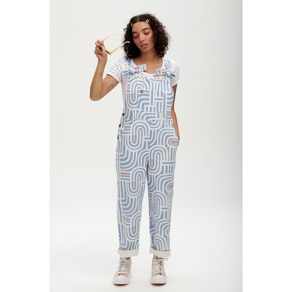 Lucy and Yak Cosmic Easton Dungarees Bib Overalls Geometric Print Blue 10 Long - Picture 1 of 15